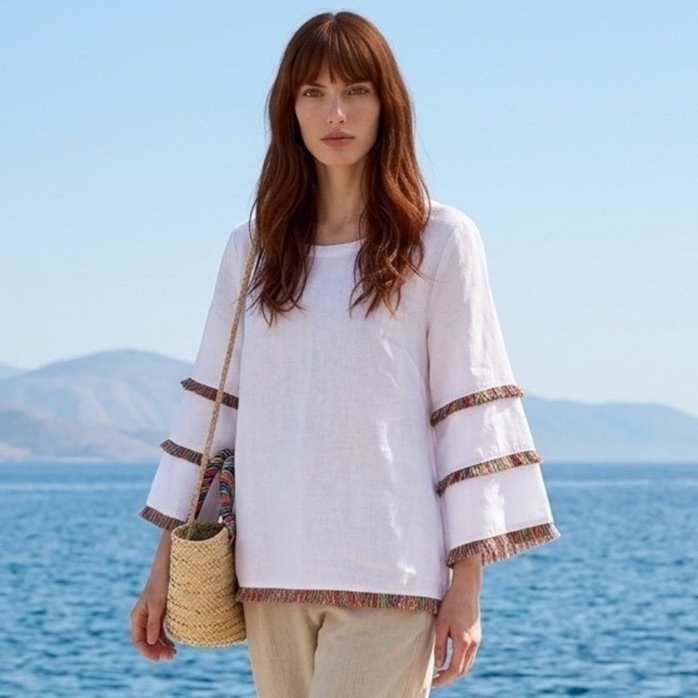 For Cynthia Petite White 100% Linen Fringe Bell Sleeve Blouse Top PL Multi Color